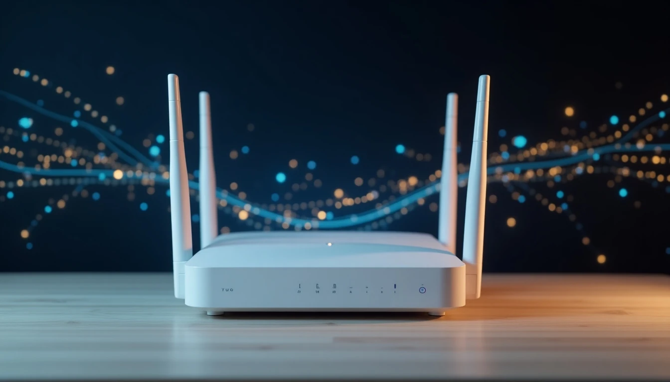 Router moderno con líneas de datos representando la velocidad de internet en un test de velocidad