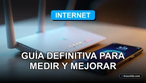 Un moderno router Wi-Fi 7 con luces LED azules y un teléfono inteligente, mostrando gráficos abstractos de velocidad, sobre una mesa de madera clara.