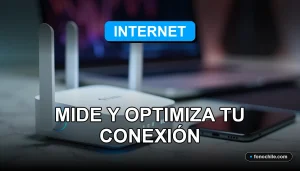 Prueba de velocidad de internet 2026 mostrando gráficos abstractos de datos en una pantalla, con un router moderno y un smartphone en una mesa.