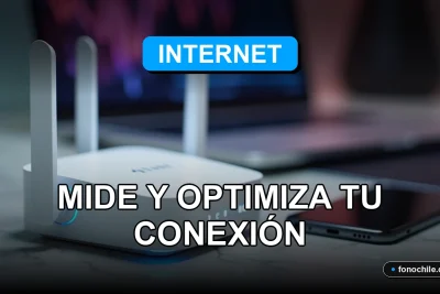 Prueba de velocidad de internet 2026 mostrando gráficos abstractos de datos en una pantalla, con un router moderno y un smartphone en una mesa.