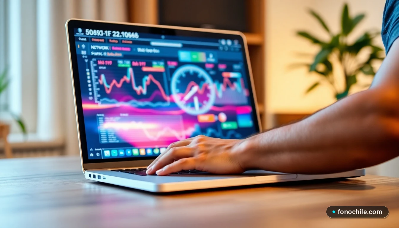 Herramienta de análisis de velocidad de internet mostrando gráficos de rendimiento en tiempo real en un computador portátil.