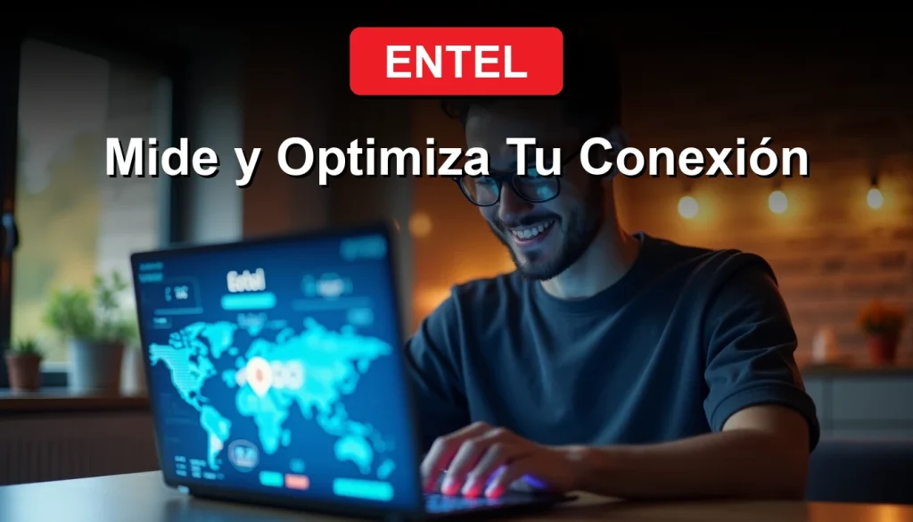 Hombre joven sonriente mientras mira la pantalla de su laptop, mostrando los resultados de un test de velocidad de internet Entel 2026 en un ambiente doméstico moderno.