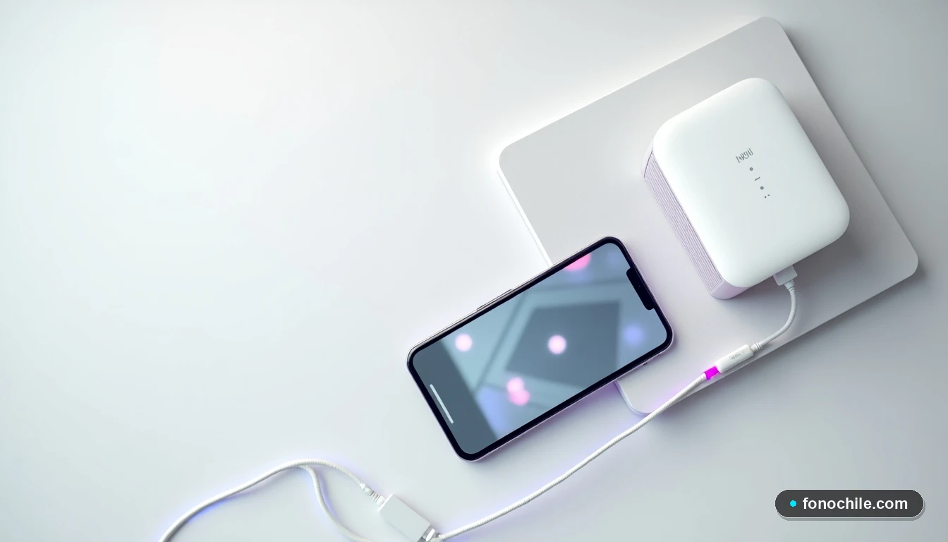 Router WiFi y teléfono inteligente en una mesa, con un cable de fibra óptica conectado, representando una conexión de internet optimizada.