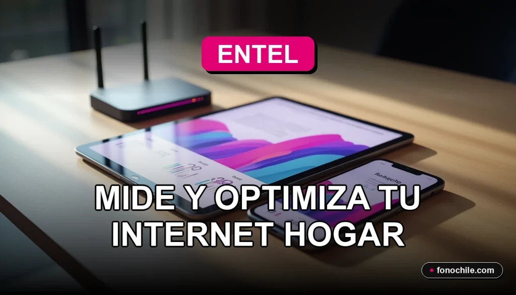 Prueba de velocidad de internet Entel mostrando gráficos abstractos en una tablet sobre una mesa de madera.