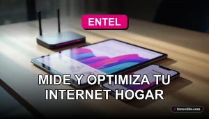 Prueba de velocidad de internet Entel mostrando gráficos abstractos en una tablet sobre una mesa de madera.