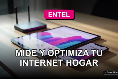 Prueba de velocidad de internet Entel mostrando gráficos abstractos en una tablet sobre una mesa de madera.
