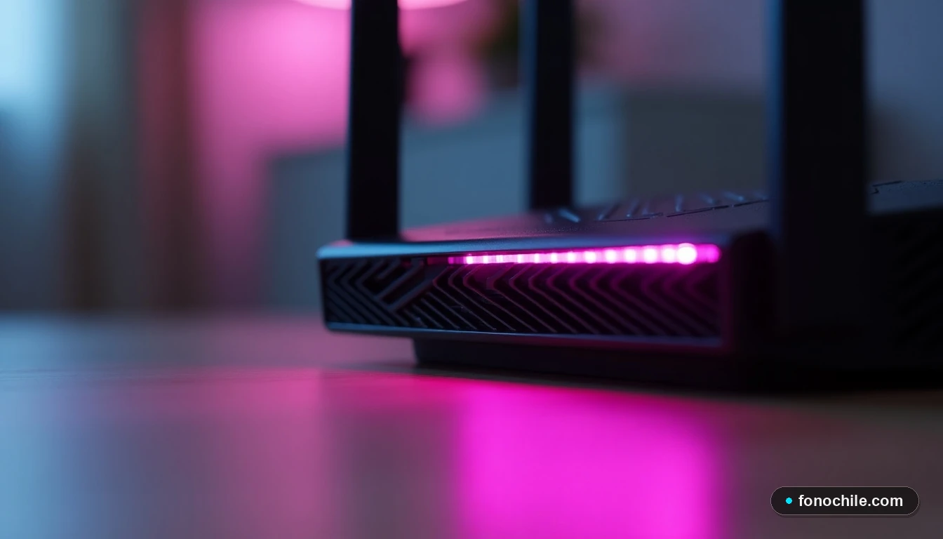 Primer plano detallado de un router moderno de Entel con luz LED magenta, sobre una mesa de madera.