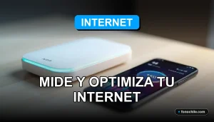 Un moderno router de malla blanco y un teléfono inteligente, ambos mostrando gráficos de velocidad abstractos y coloridos, descansan sobre una mesa de madera clara con un fondo minimalista.