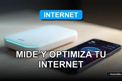 Un moderno router de malla blanco y un teléfono inteligente, ambos mostrando gráficos de velocidad abstractos y coloridos, descansan sobre una mesa de madera clara con un fondo minimalista.