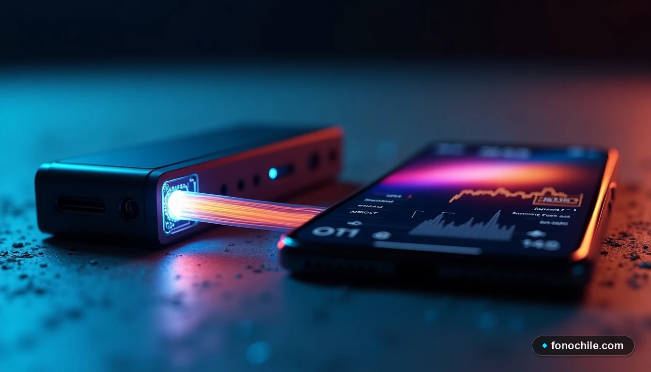 Primer plano de un módem de fibra óptica con un haz de luz visible en su puerto, junto a un teléfono inteligente, sobre una superficie de hormigón oscuro.