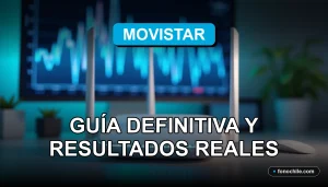 Moderno router WiFi de Movistar con luces LED azules, mostrando gráficos abstractos de velocidad en una pantalla, sobre una mesa de trabajo minimalista.