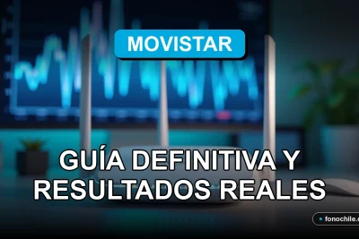Moderno router WiFi de Movistar con luces LED azules, mostrando gráficos abstractos de velocidad en una pantalla, sobre una mesa de trabajo minimalista.