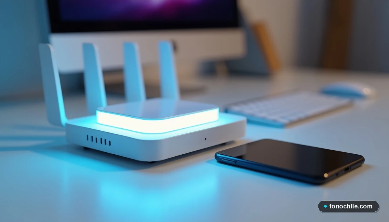 Detalle lateral del router Movistar y un smartphone, en un entorno de oficina doméstica minimalista con iluminación ambiental azul.