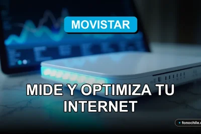 Moderno router de fibra óptica Movistar con luces LED azules, mostrando gráficos abstractos de velocidad en una pantalla, sobre una mesa de diseño minimalista.