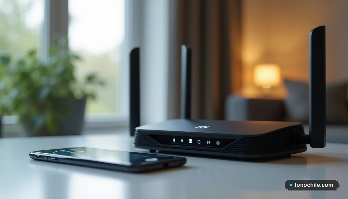 Router y smartphone modernos en una mesa, con la pantalla del teléfono mostrando una interfaz genérica de medición de velocidad de internet.