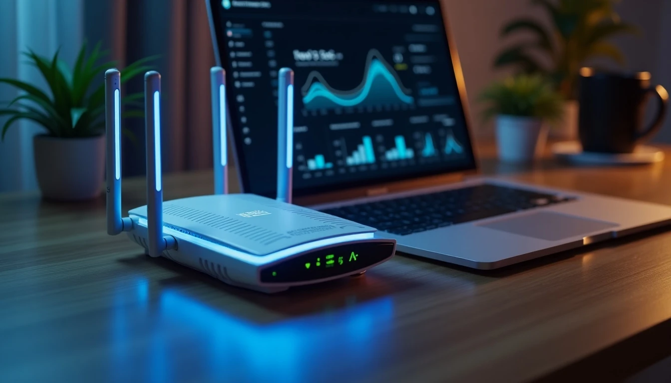 Test de velocidad de Internet en Mundo Pacífico mostrado en una laptop moderna con router.