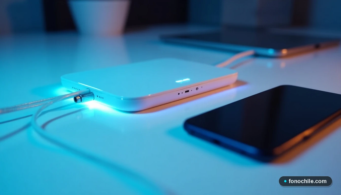 Router moderno y cable de fibra óptica en un entorno de escritorio minimalista