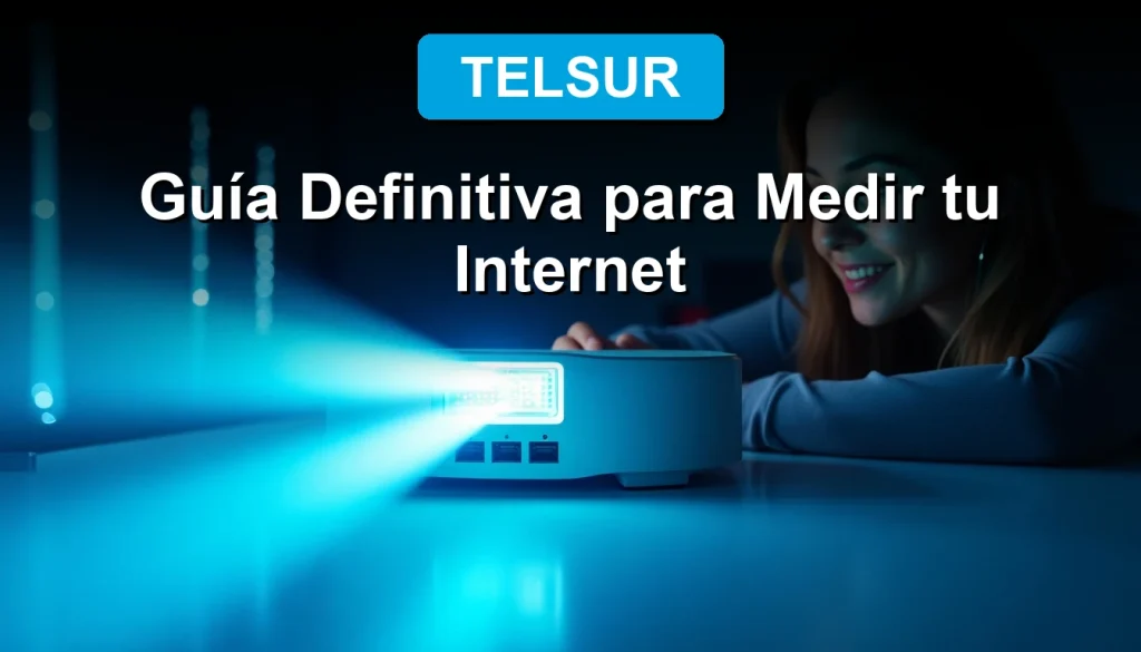 Un router moderno de Telsur con luces LED azules pulsando sobre una superficie de vidrio esmerilado, símbolo de velocidad de internet.