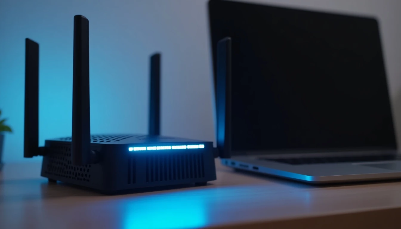 Router moderno Telsur con luces LED azules en un escritorio, midiendo velocidad de internet