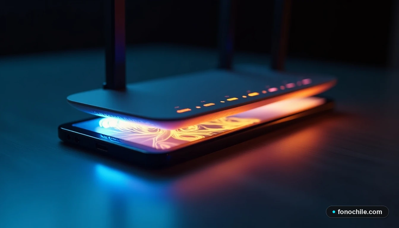 Ángulo bajo de un router y teléfono inteligente en una mesa de cristal, con luces LED cian y gráficos de datos anaranjados abstractos reflejados en la superficie oscura.