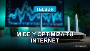 Moderno router Telsur con luces LED azules y verdes sobre una mesa de madera clara, mostrando gráficos abstractos de velocidad en una pantalla de fondo desenfocada.