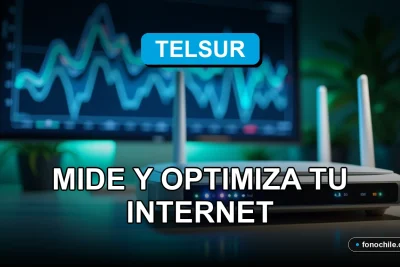 Moderno router Telsur con luces LED azules y verdes sobre una mesa de madera clara, mostrando gráficos abstractos de velocidad en una pantalla de fondo desenfocada.
