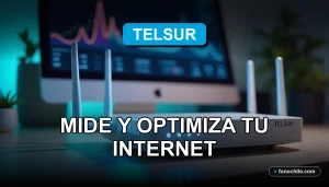 Moderno router Telsur con luces LED azules sobre una mesa de madera clara, mostrando gráficos abstractos de velocidad en una pantalla de fondo borrosa.