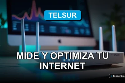 Moderno router Telsur con luces LED azules sobre una mesa de madera clara, mostrando gráficos abstractos de velocidad en una pantalla de fondo borrosa.