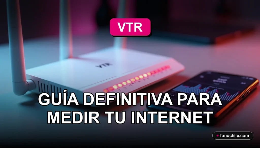 Un moderno router VTR y un teléfono inteligente en una mesa, mostrando gráficos abstractos de velocidad de internet en sus pantallas.