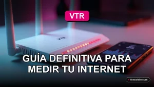 Un moderno router VTR y un teléfono inteligente en una mesa, mostrando gráficos abstractos de velocidad de internet en sus pantallas.