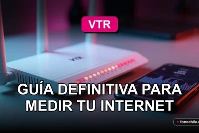 Un moderno router VTR y un teléfono inteligente en una mesa, mostrando gráficos abstractos de velocidad de internet en sus pantallas.