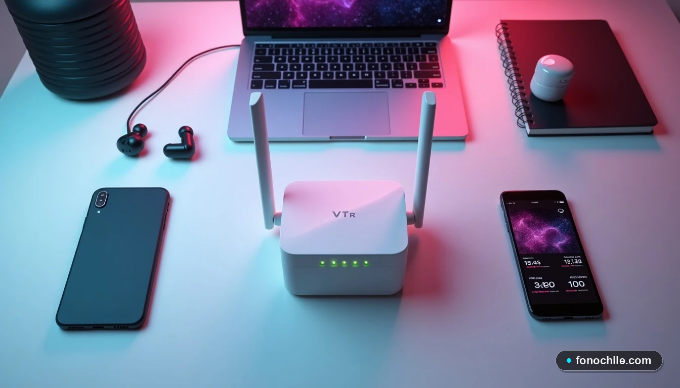 Vista superior de un conjunto de dispositivos tecnológicos modernos, incluyendo router, laptop y teléfono, en un escritorio minimalista.
