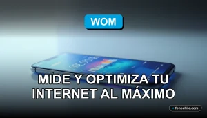 Prueba de velocidad de internet WOM mostrando gráficos abstractos de datos en una pantalla de teléfono inteligente moderno sobre una mesa.
