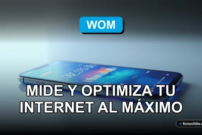 Prueba de velocidad de internet WOM mostrando gráficos abstractos de datos en una pantalla de teléfono inteligente moderno sobre una mesa.