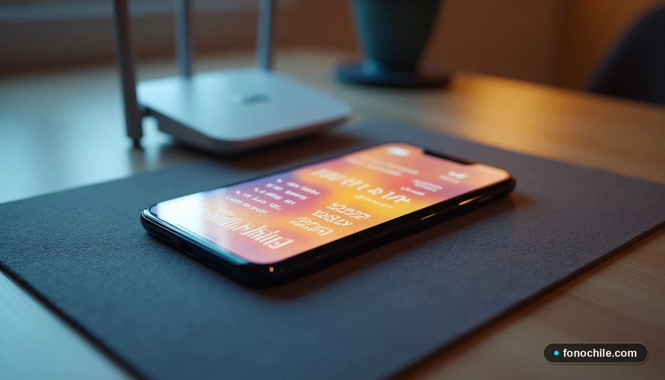 Router moderno y teléfono inteligente en un escritorio minimalista, mostrando una interfaz de prueba de velocidad con gráficos abstractos.