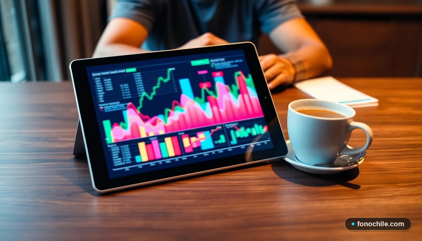 Visualización abstracta de datos de crecimiento y beneficios de renovación de smartphones en una tablet sobre una mesa.