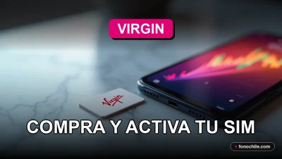 Una tarjeta SIM Virgin Chip 2026 sobre una superficie de mármol, con un teléfono inteligente mostrando gráficos abstractos de colores.