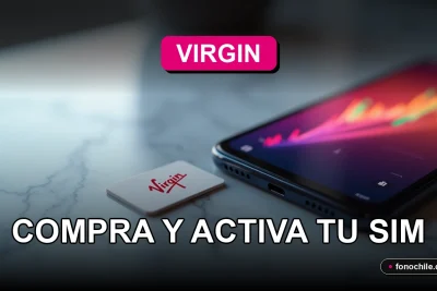 Una tarjeta SIM Virgin Chip 2026 sobre una superficie de mármol, con un teléfono inteligente mostrando gráficos abstractos de colores.