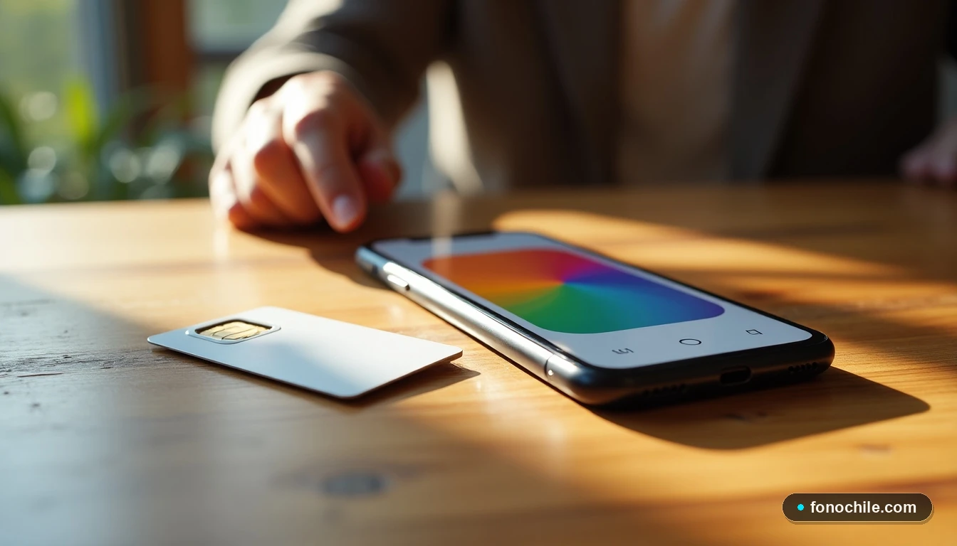 Chip SIM de Virgin Mobile sobre una mesa de madera junto a un teléfono mostrando gráficos de activación abstractos y coloridos.