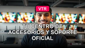 Un hombre latino sonriente en una tienda oficial VTR, con pantallas de gráficos abstractos de colores brillantes de fondo.