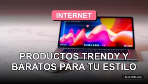 Estación de trabajo moderna y minimalista con un teléfono móvil y un portátil de diseño elegante sobre una mesa de mármol, mostrando gráficos abstractos de colores en sus pantallas.