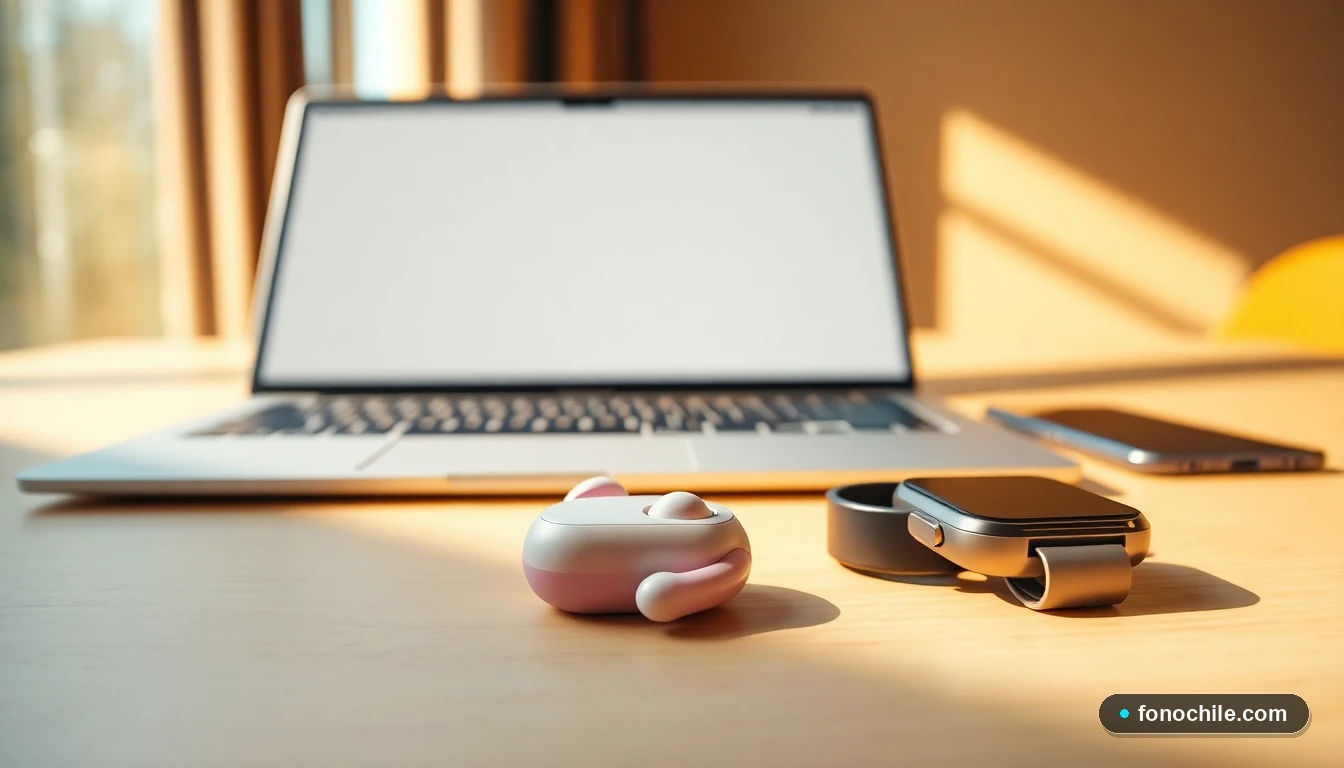 Vista lateral de accesorios tecnológicos modernos, incluyendo auriculares inalámbricos y un reloj inteligente, organizados junto a un portátil sobre una mesa de madera clara con iluminación natural.