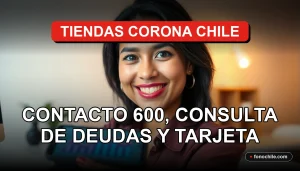 Una mujer hispana sonriendo, representando el servicio al cliente de Tiendas Corona Chile, con un teléfono inteligente mostrando gráficos abstractos de colores.