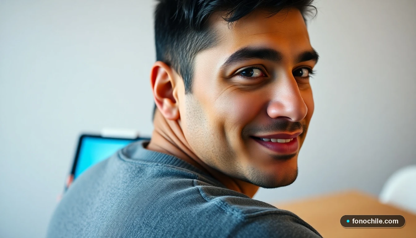 Un hombre latino en una consulta, con una tableta mostrando una interfaz genérica en el fondo, representando el proceso de consulta de Tiendas Corona.