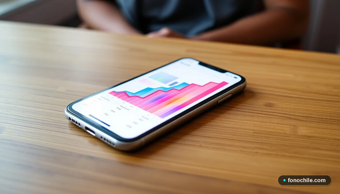 Smartphone mostrando gráficos abstractos de tendencias de compras en centros comerciales