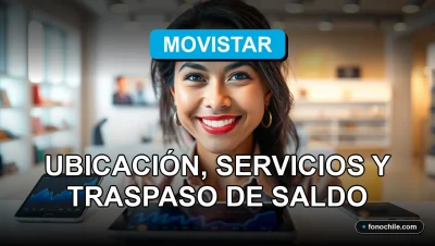 Una ejecutiva de Movistar sonríe en una tienda moderna, con teléfonos inteligentes y tabletas mostrando gráficos abstractos sobre el escritorio.