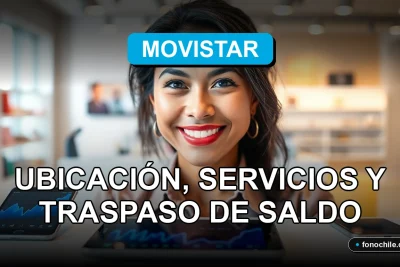 Una ejecutiva de Movistar sonríe en una tienda moderna, con teléfonos inteligentes y tabletas mostrando gráficos abstractos sobre el escritorio.