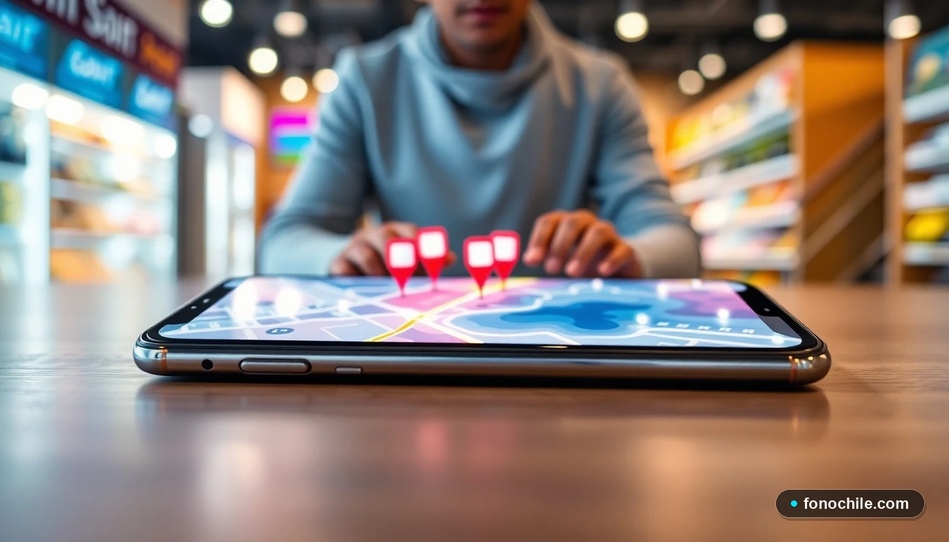 Smartphone mostrando un mapa con ubicaciones de tiendas de telecomunicaciones en un entorno moderno
