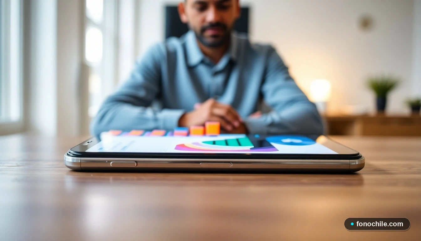 Smartphone mostrando gráficos de análisis de datos de retail en una mesa de madera.