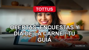 Una mujer sonriente revisa ofertas en una tablet, rodeada de productos frescos de supermercado.